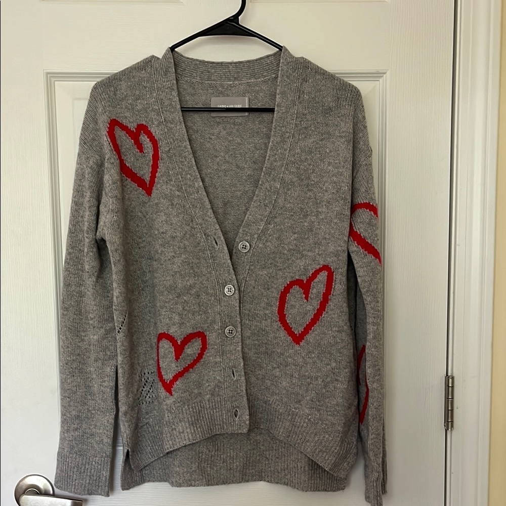 Gray Cardigan with Red Heart Accents